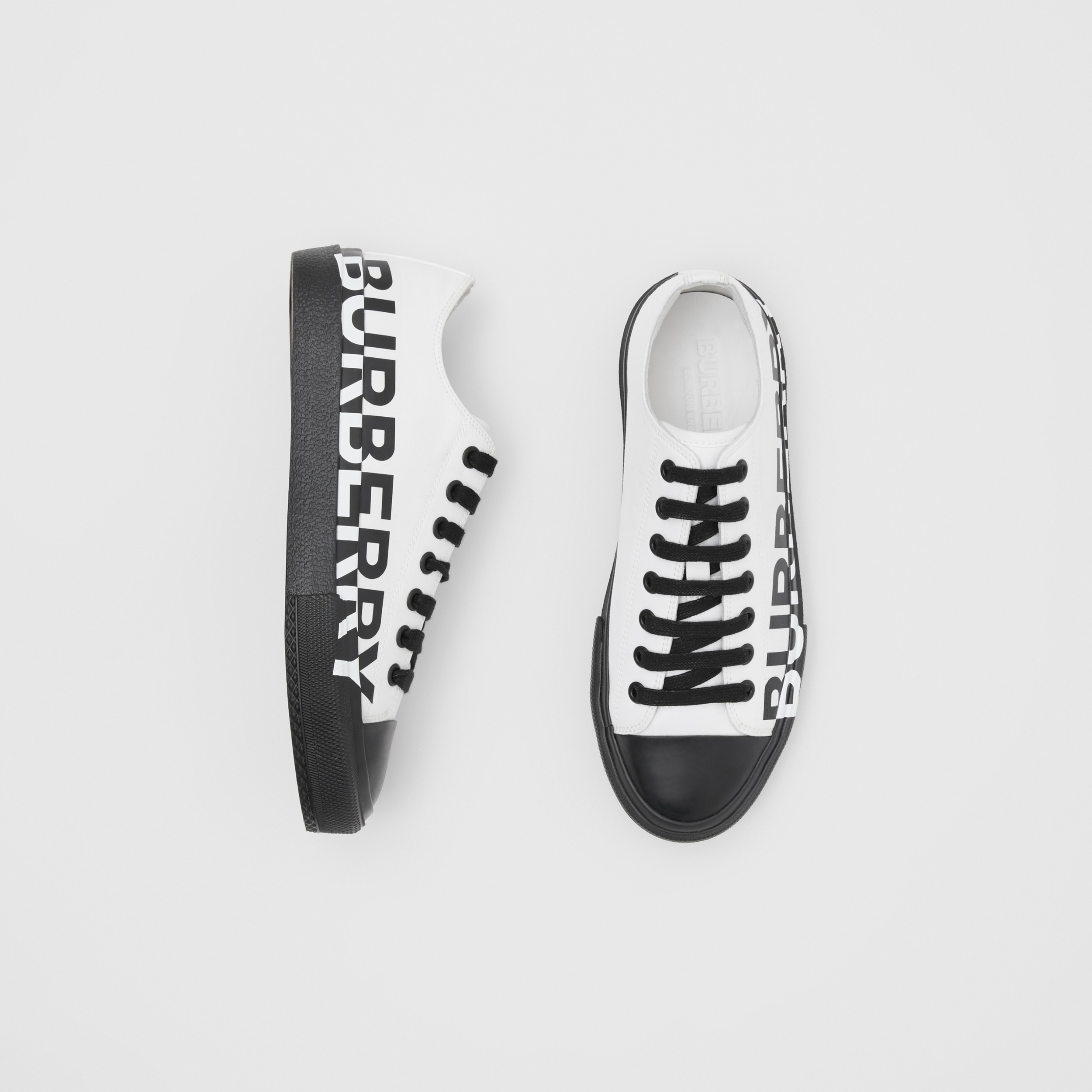 Logo Print Two Tone Cotton Gabardine Sneakers In Optic White Black Women Burberry United States
