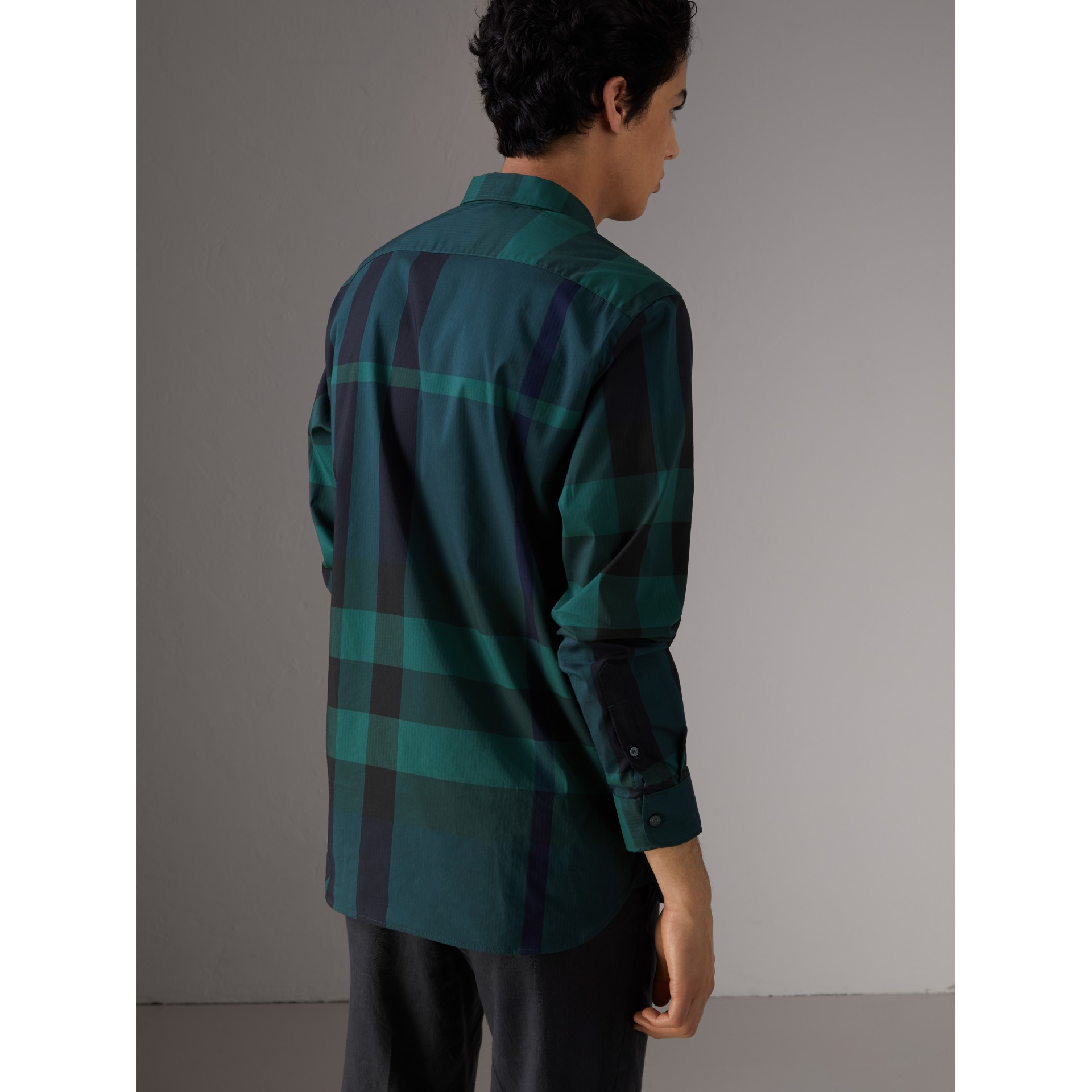 Buttondown Collar Check Stretch Cotton Blend Shirt in Forest Green