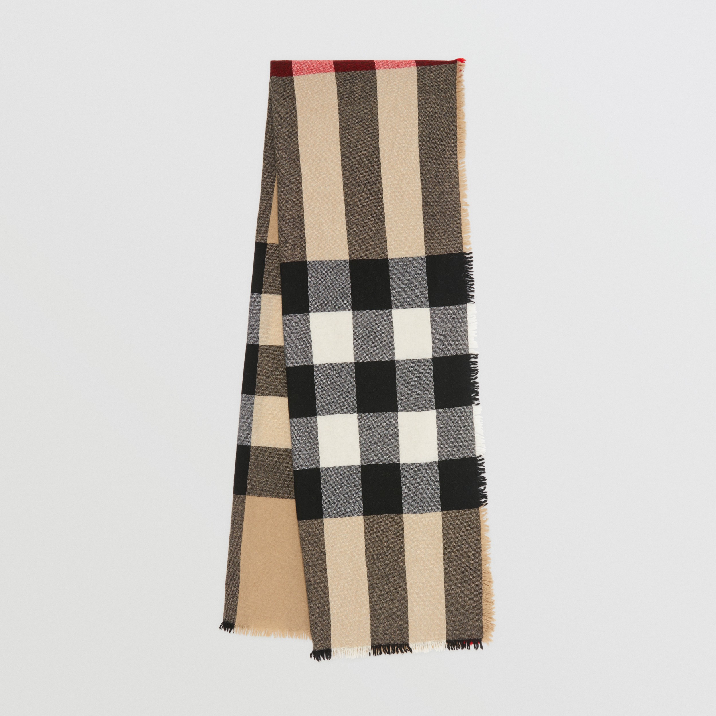 Fringed Check Wool Cashmere Scarf in Camel Burberry United States