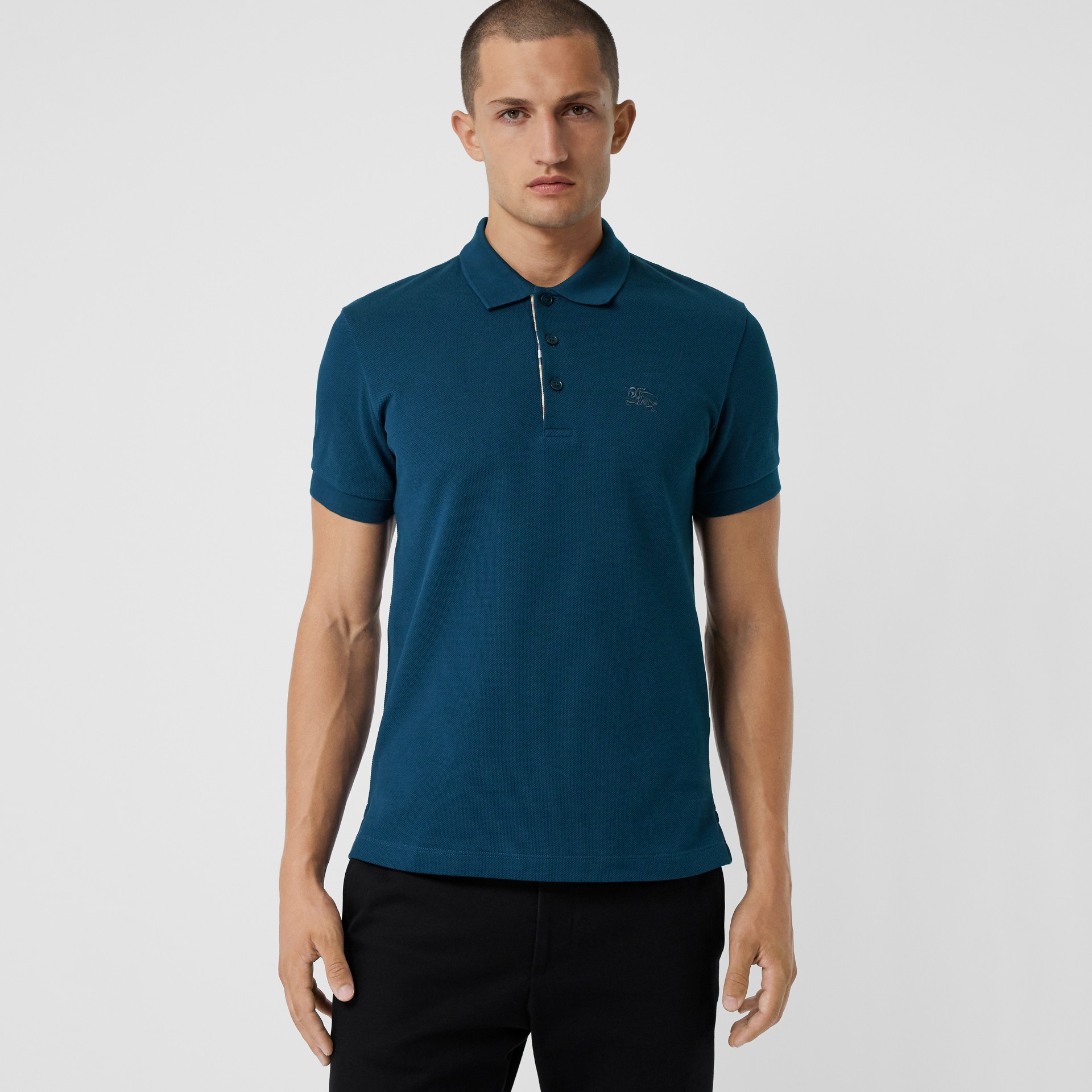 Check Placket Cotton Polo Shirt in Deep Teal Blue - Men | Burberry ...