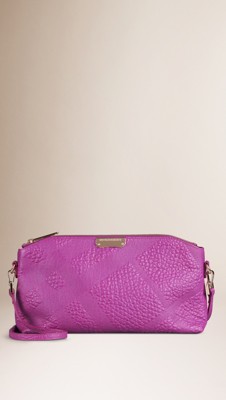 light magenta pink small embossed check leather clutch bag