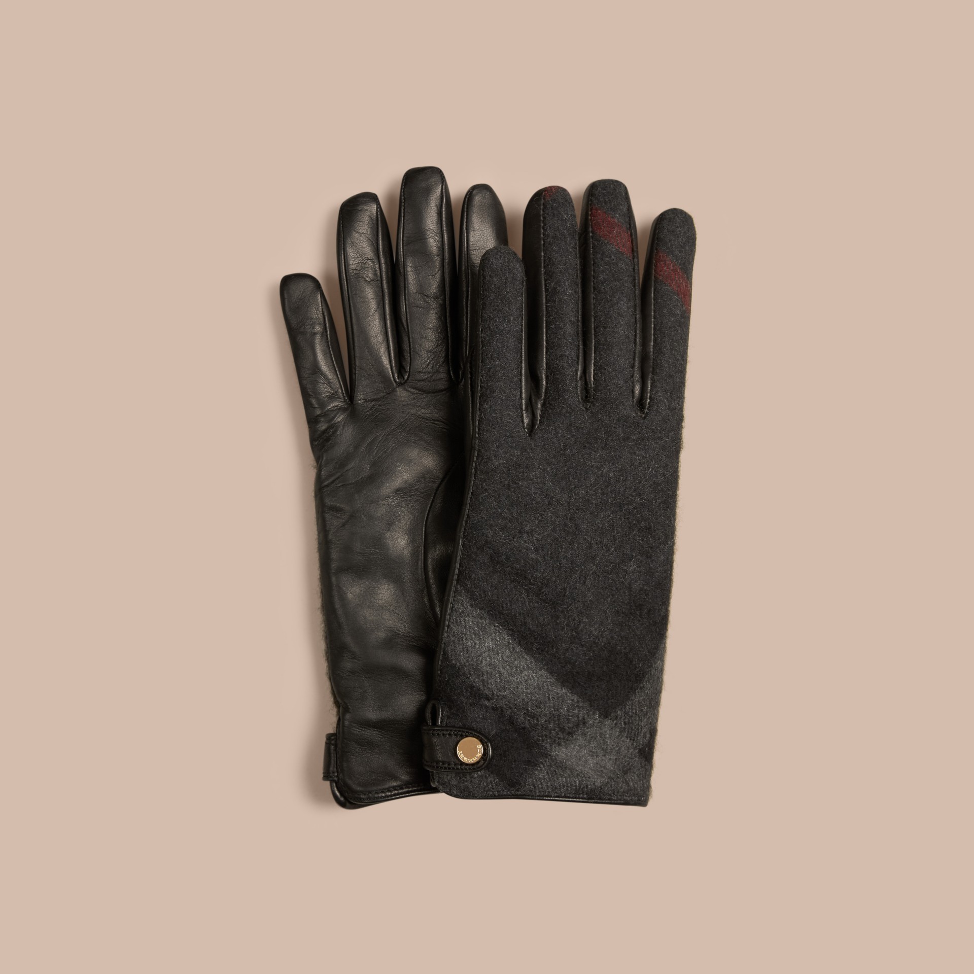 Leather and Check Cashmere Gloves in Charcoal Women Burberry