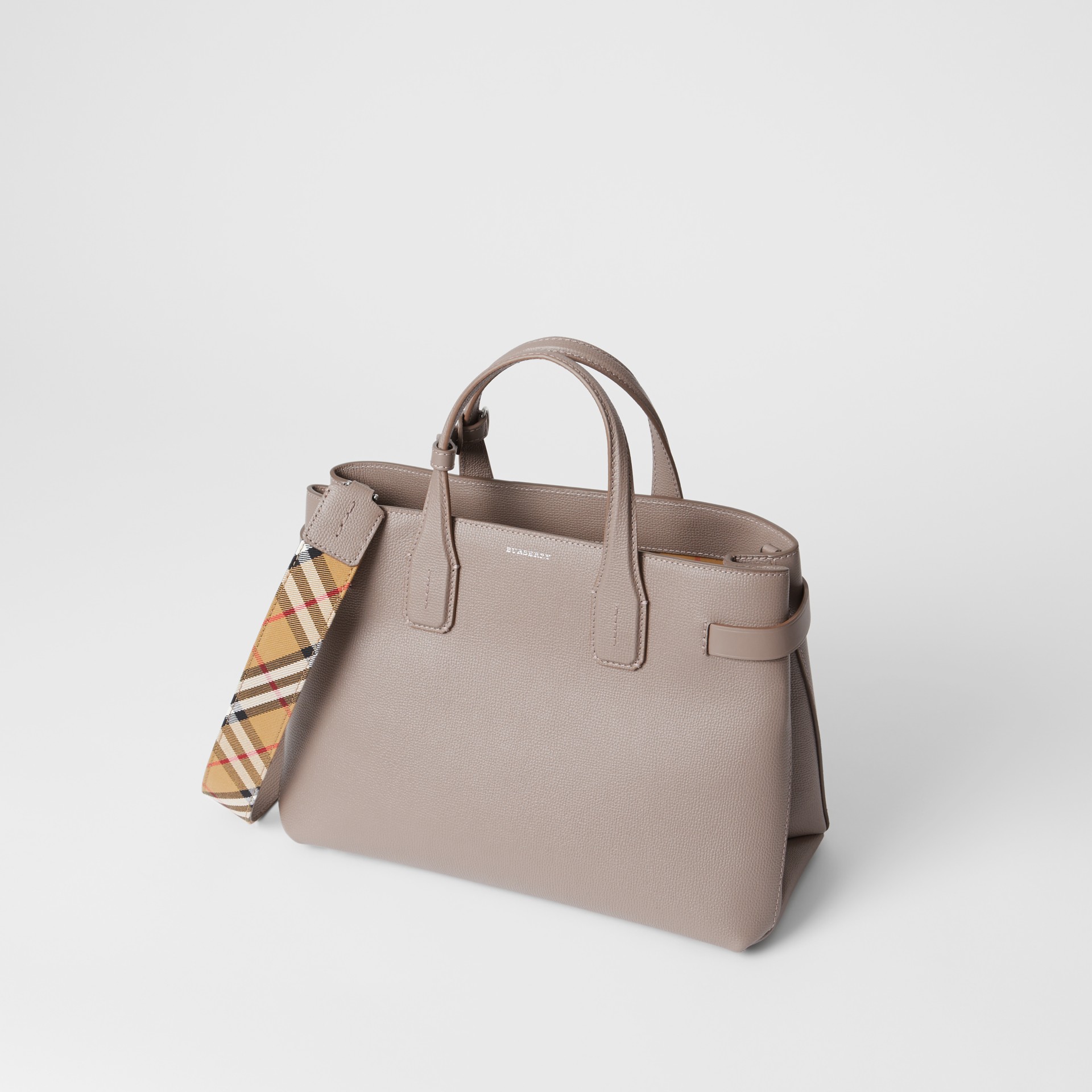 The Medium Banner In Leather And Vintage Check In Taupe Brown