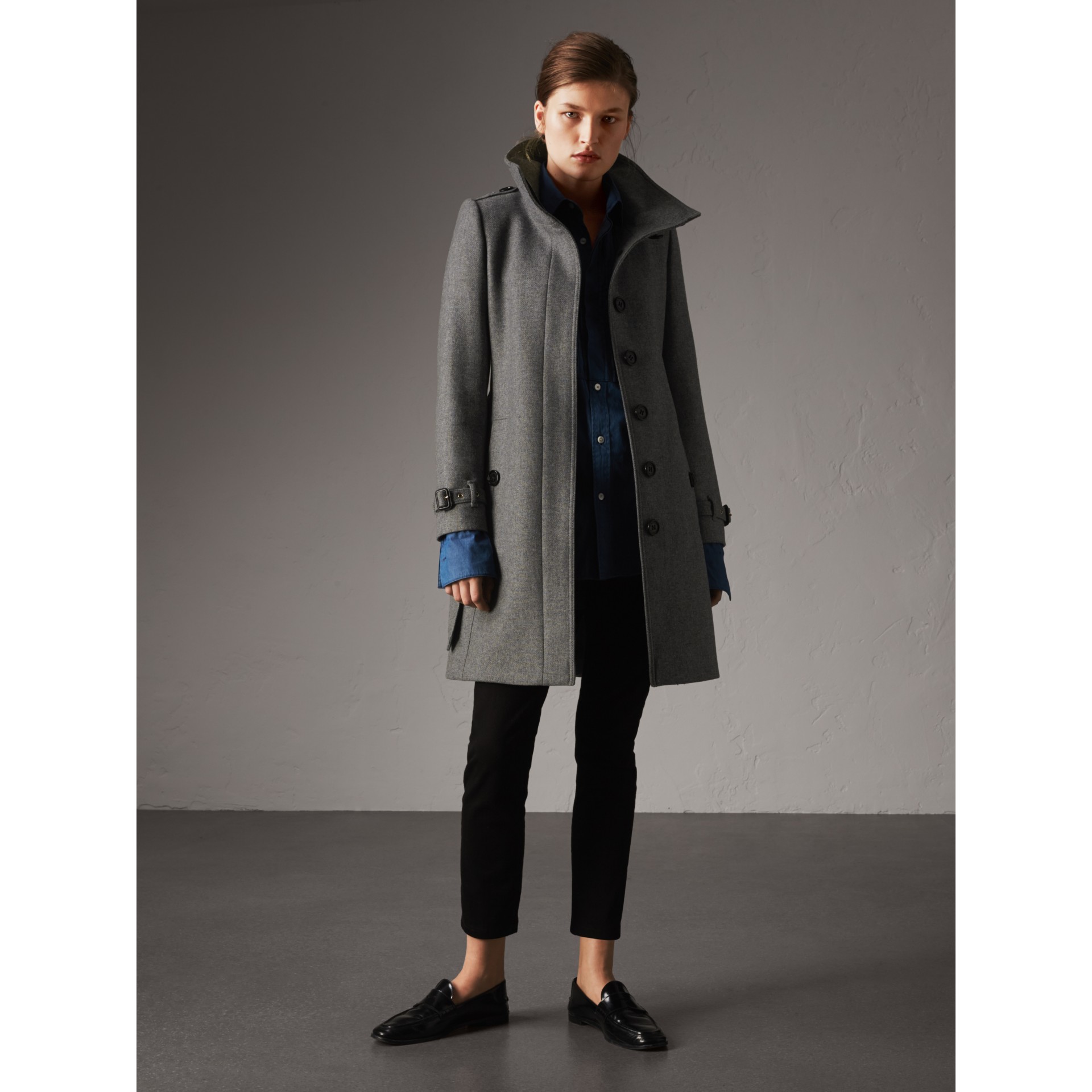 Technical Wool Cashmere Funnel Neck Coat In Steel Grey Melange Women Burberry United States 1158