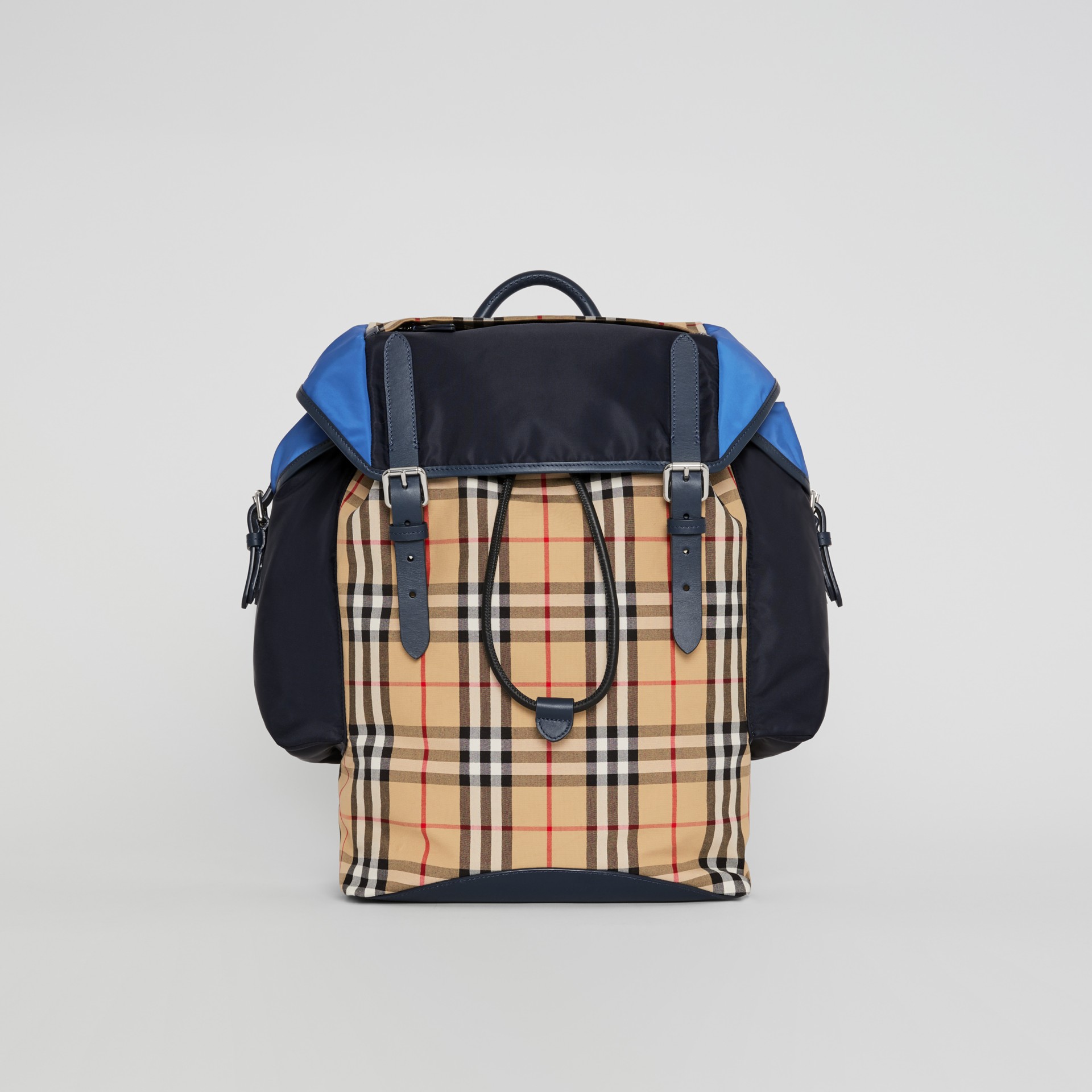 Colour Block Vintage Check and Leather Backpack in Navy - Men ...