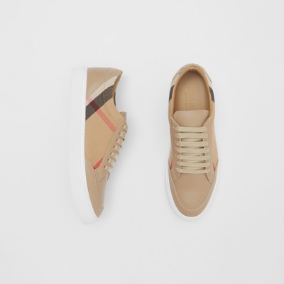 House Check and Leather Sneakers in Tan - Women | Burberry® Official