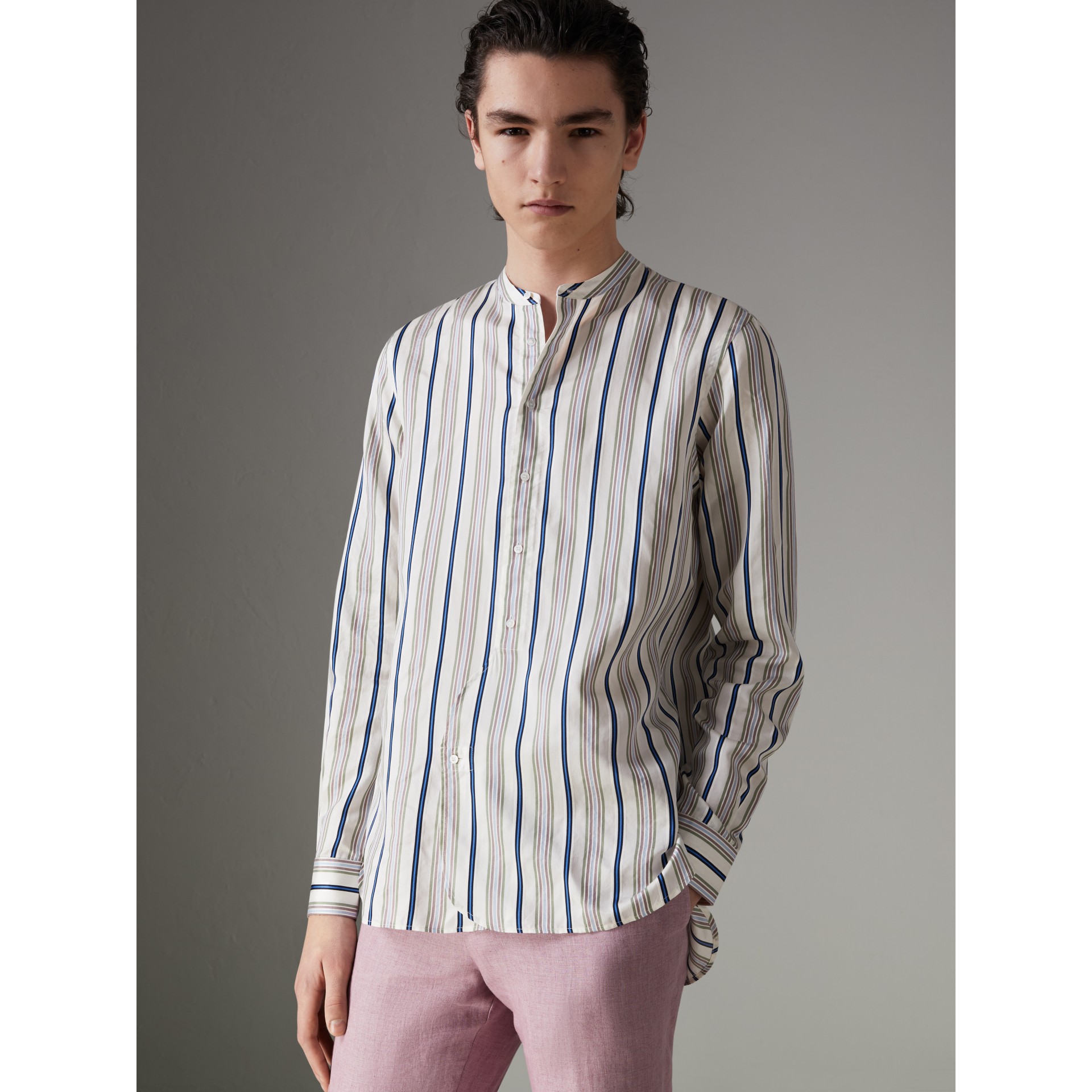 Grandad Collar Striped Silk Shirt in Off White - Men | Burberry United ...