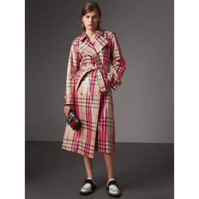 Laminated Check Trench Coat in Neon Pink - Women | Burberry United States