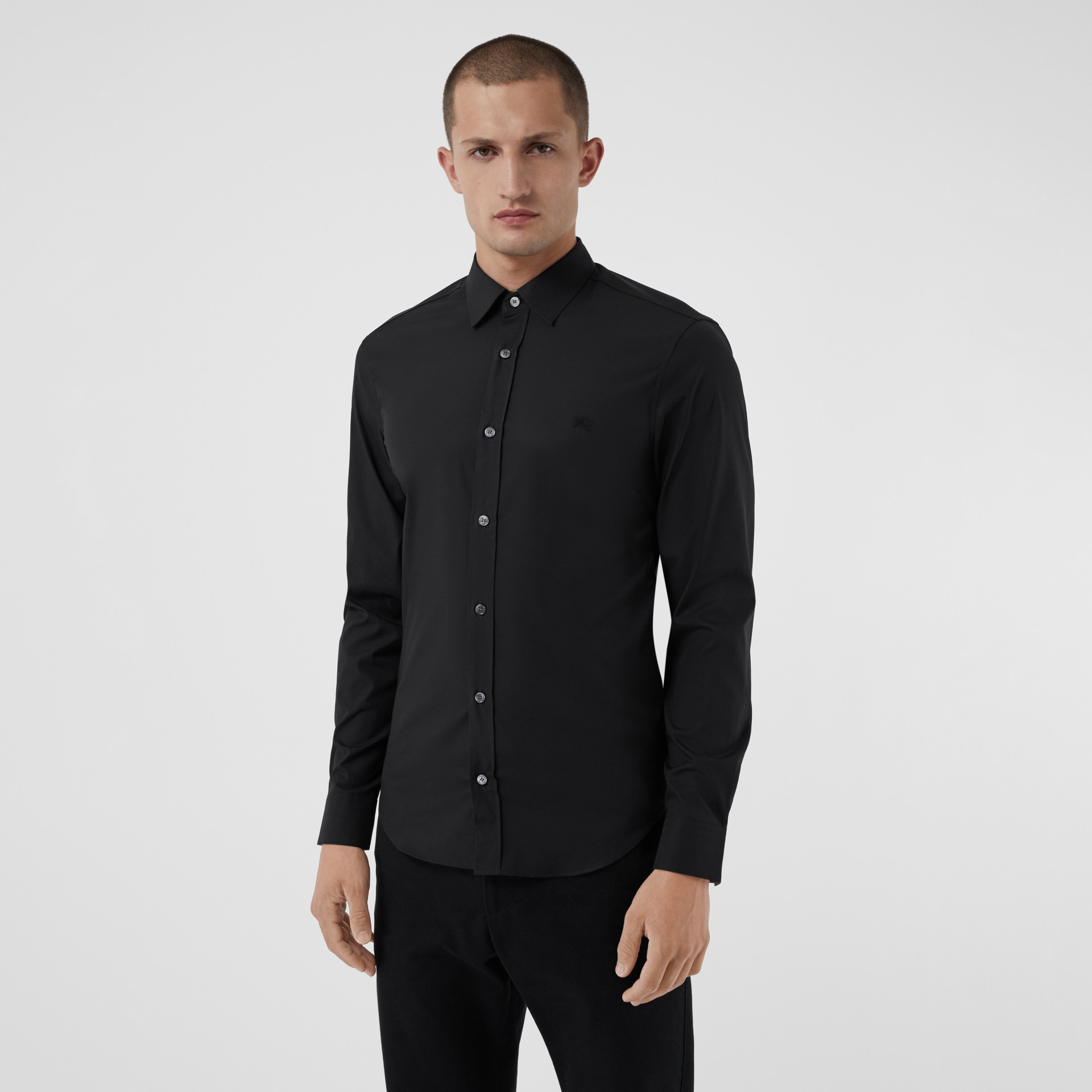 Check Detail Stretch Cotton Poplin Shirt in Black - Men | Burberry ...