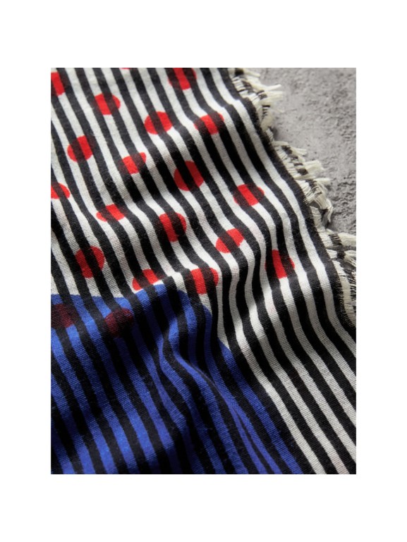 graphic spot and stripe print silk cotton scarf