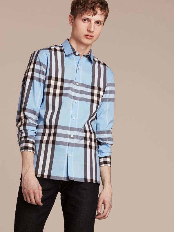 Check Stretch Cotton Shirt in Light Blue - Men | Burberry United States