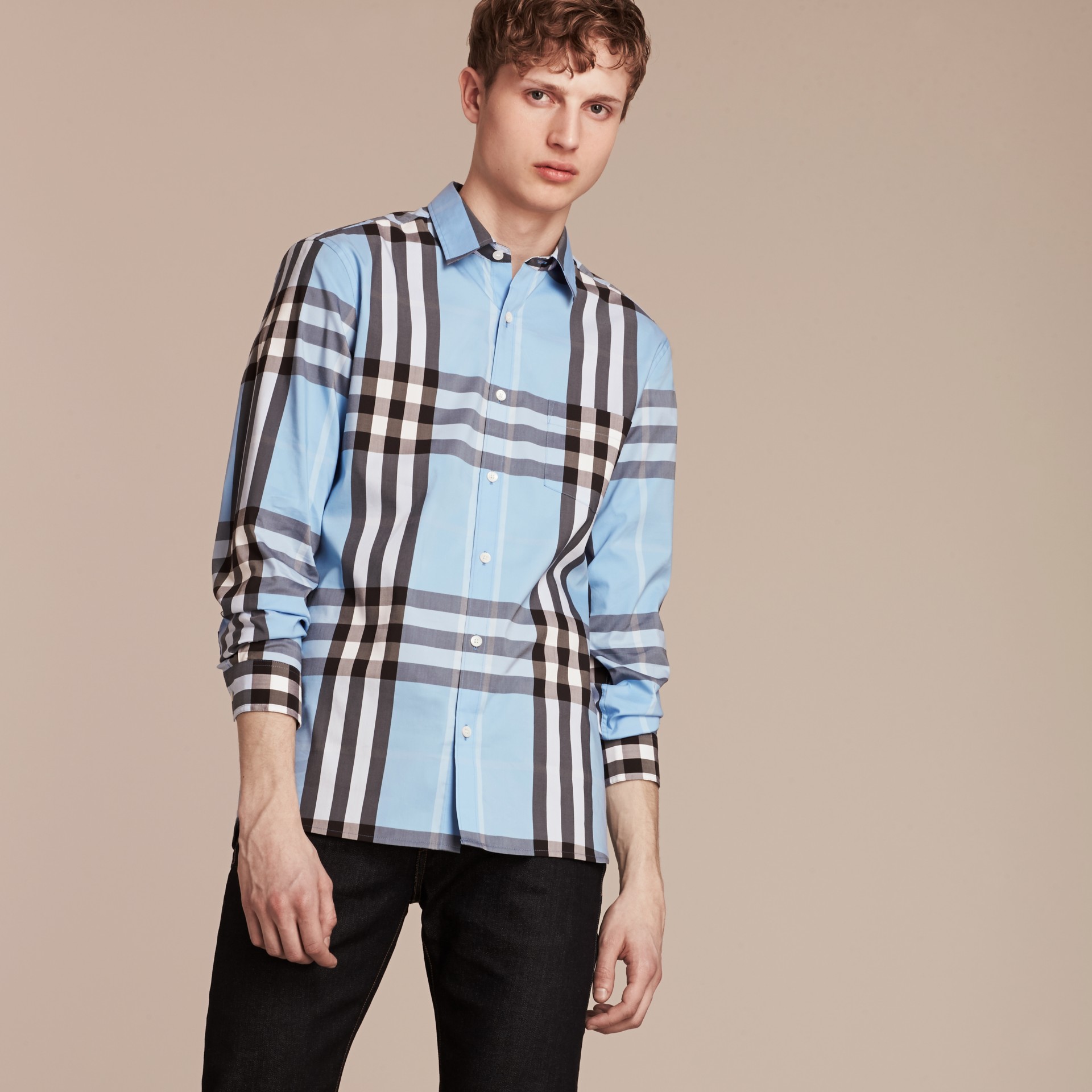 Check Stretch Cotton Shirt in Light Blue - Men | Burberry United States