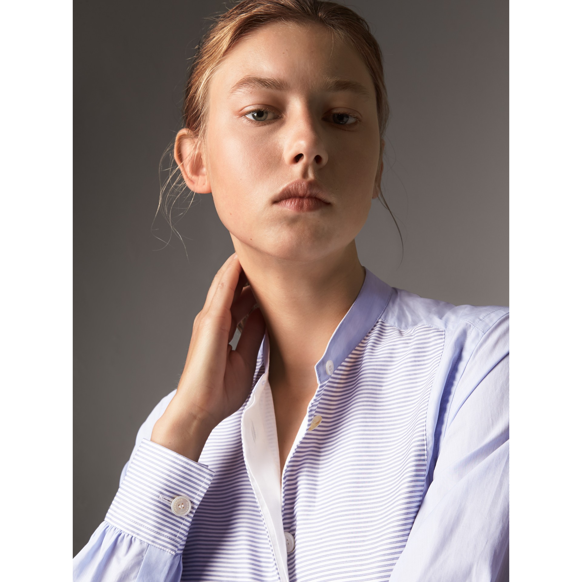 Bib Detail Cotton Longline Shirt in Pale Blue/white - Women | Burberry ...