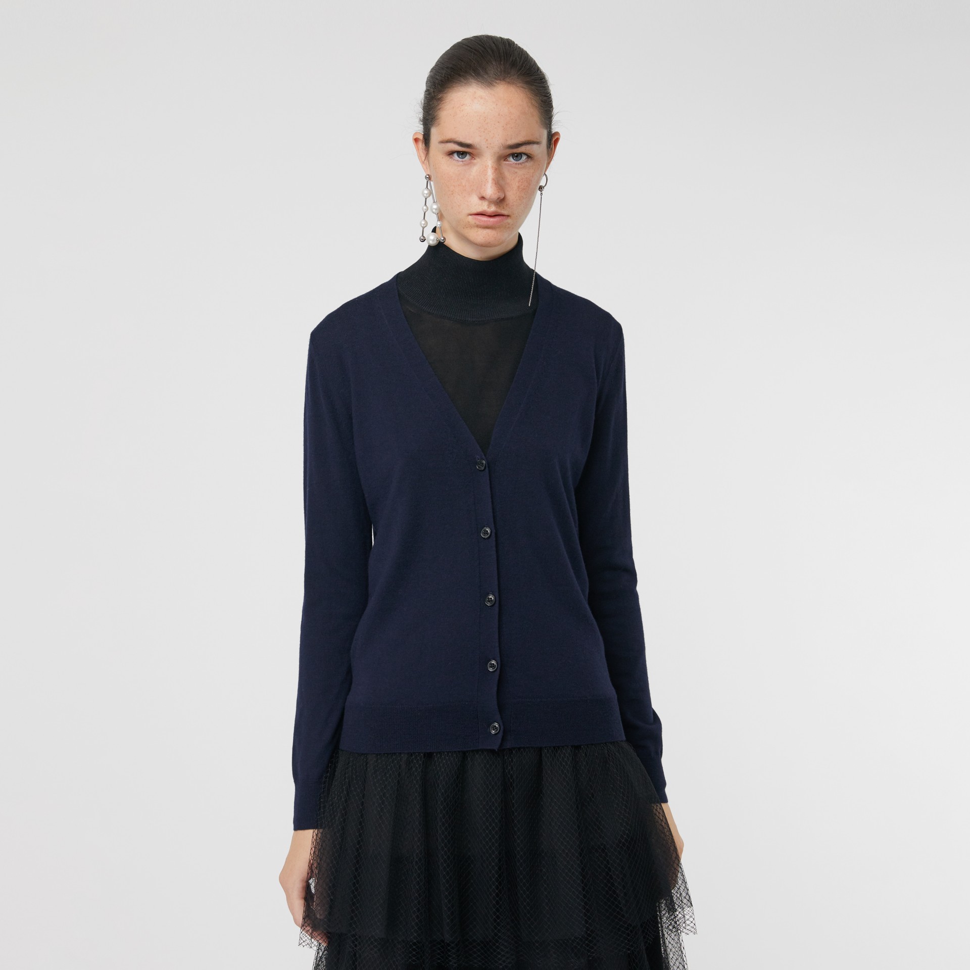 Check Detail Merino Wool Cardigan in Navy Women Burberry United Kingdom