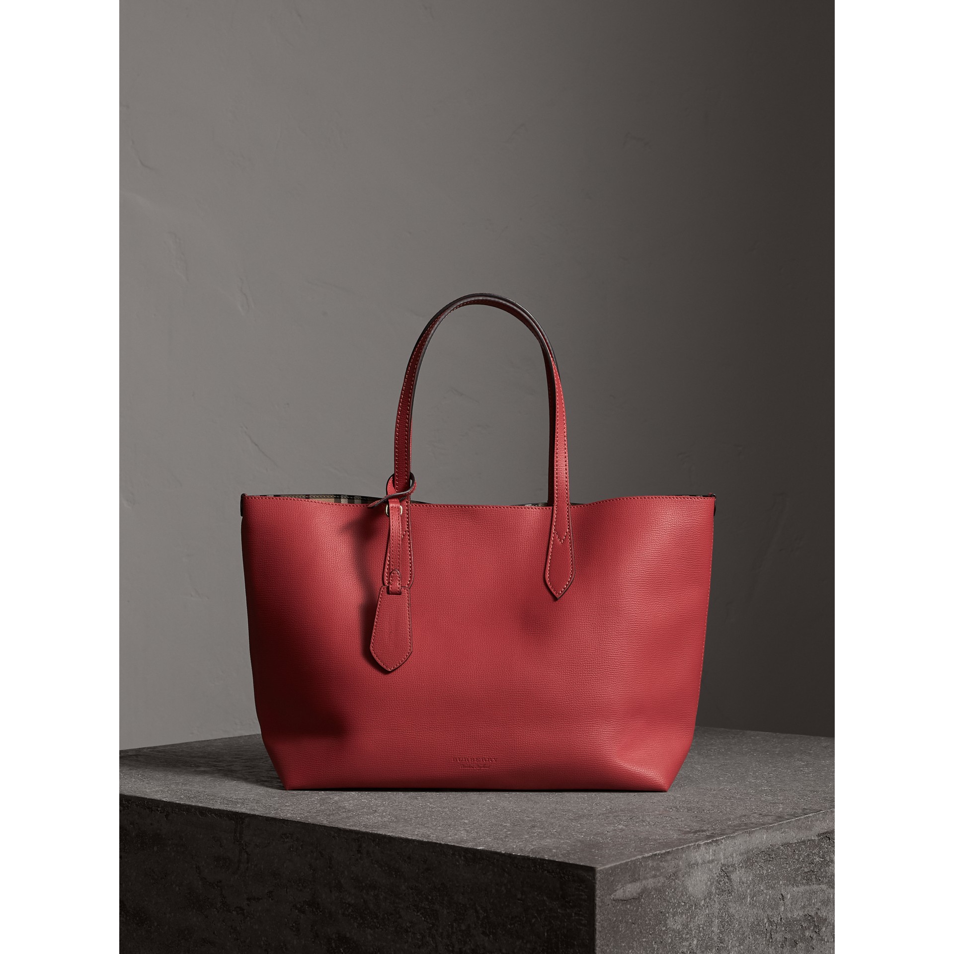 The Medium Reversible Tote in Haymarket Check and Leather in Coral Red ...