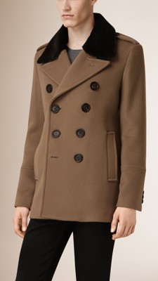 Taupe brown Virgin Wool Cashmere Pea Coat with Rabbit Fur Collar - Image 1